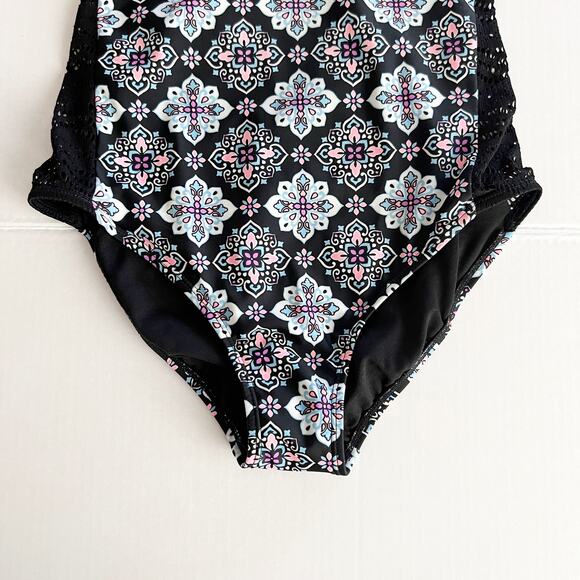 [Hula Honey] Black Gypsy Deco Lace Geometric Print One Piece Swimsuit Sz Small S - Picture 6 of 11